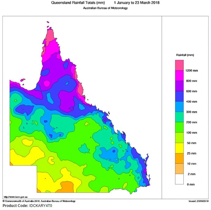 Queensland Rainfall Totals mm 1 January to 23 March 2018
