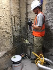 Below ground car park - vertical concrete joint injection of polyurethane to waterproof the leaking cracks in contiguous piles.
