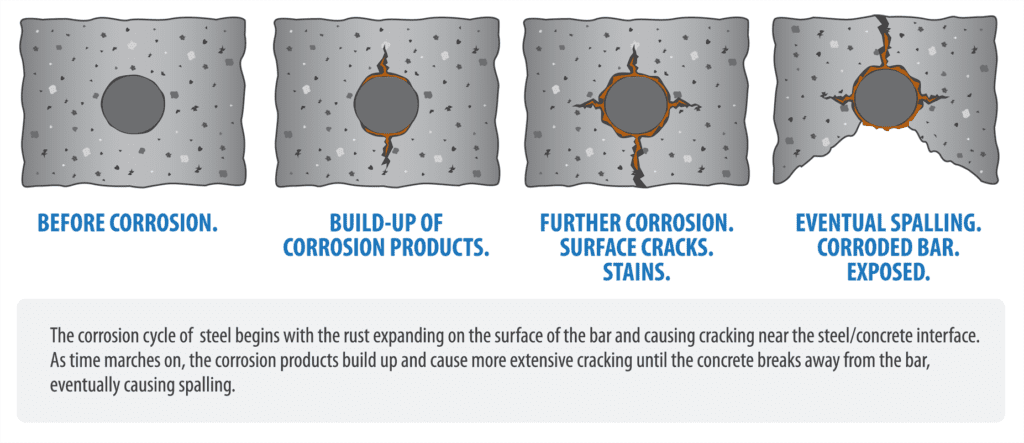 Corrosion cycle of steel reinforcement in concrete