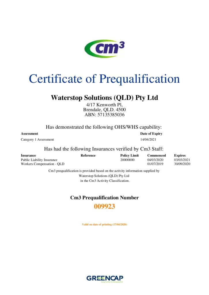 Cm3 certificate of prequalification for Waterstop Solutions 2020-2021