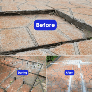 Private driveway before -during- after slabjacking by Waterstop Solutions
